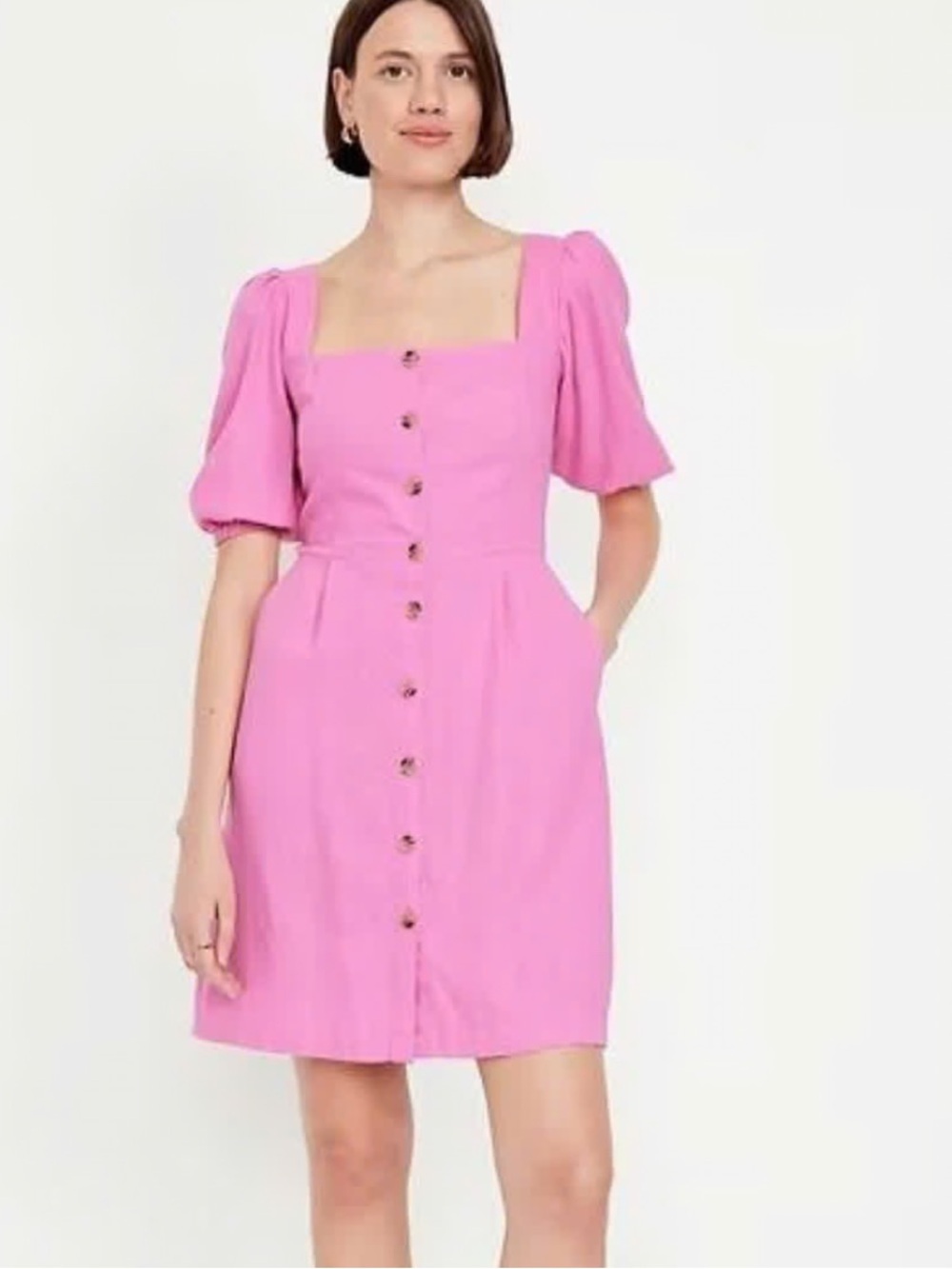 Old Navy Pink Puff Sleeve Button Front Linen Blend Pocket Mini Dress